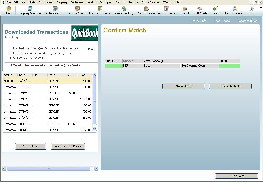 Confirm Match in QuickBooks Online Banking