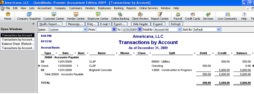 QuickBooks Cash Basis Accounts Payable Detail